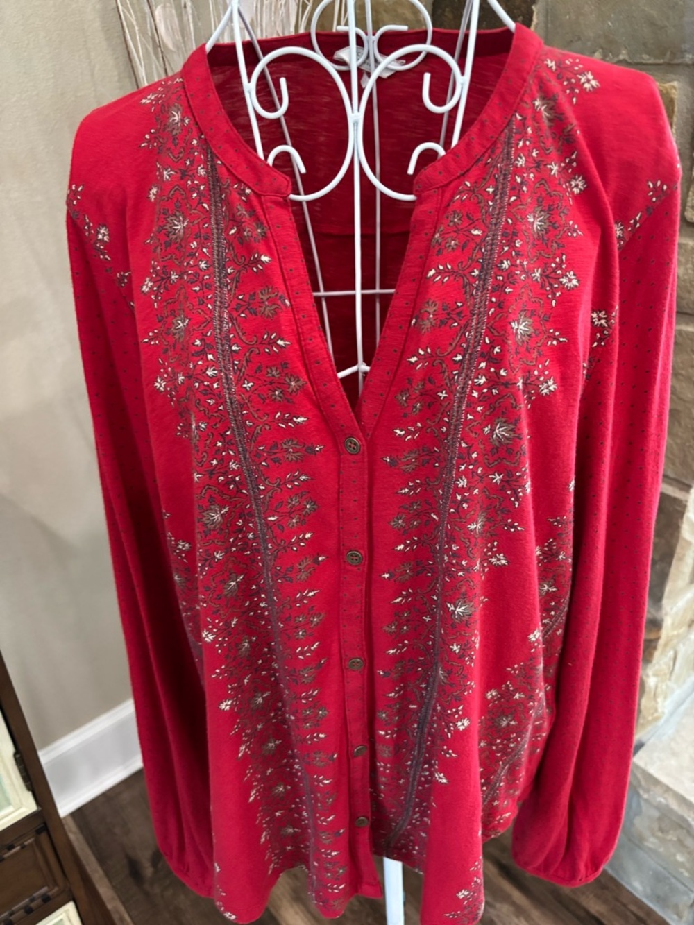 Lucky Brand Red Knit Top with floral accents